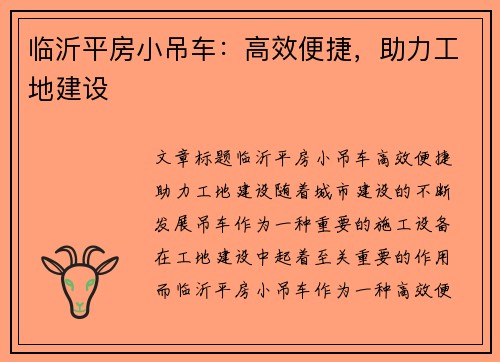 临沂平房小吊车：高效便捷，助力工地建设