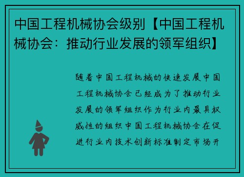 中国工程机械协会级别【中国工程机械协会：推动行业发展的领军组织】