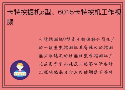 卡特挖掘机o型、6015卡特挖机工作视频